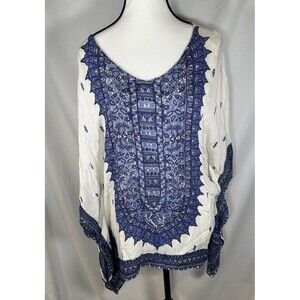 Alya Francesca's Womens Tunic White Blue Asymmetrical Coverup Size Medium Blouse